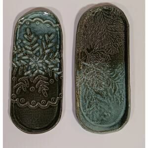 2 Glazed Pottery Trays Signed Impressed Flowers Primitive Artisan Design Dish